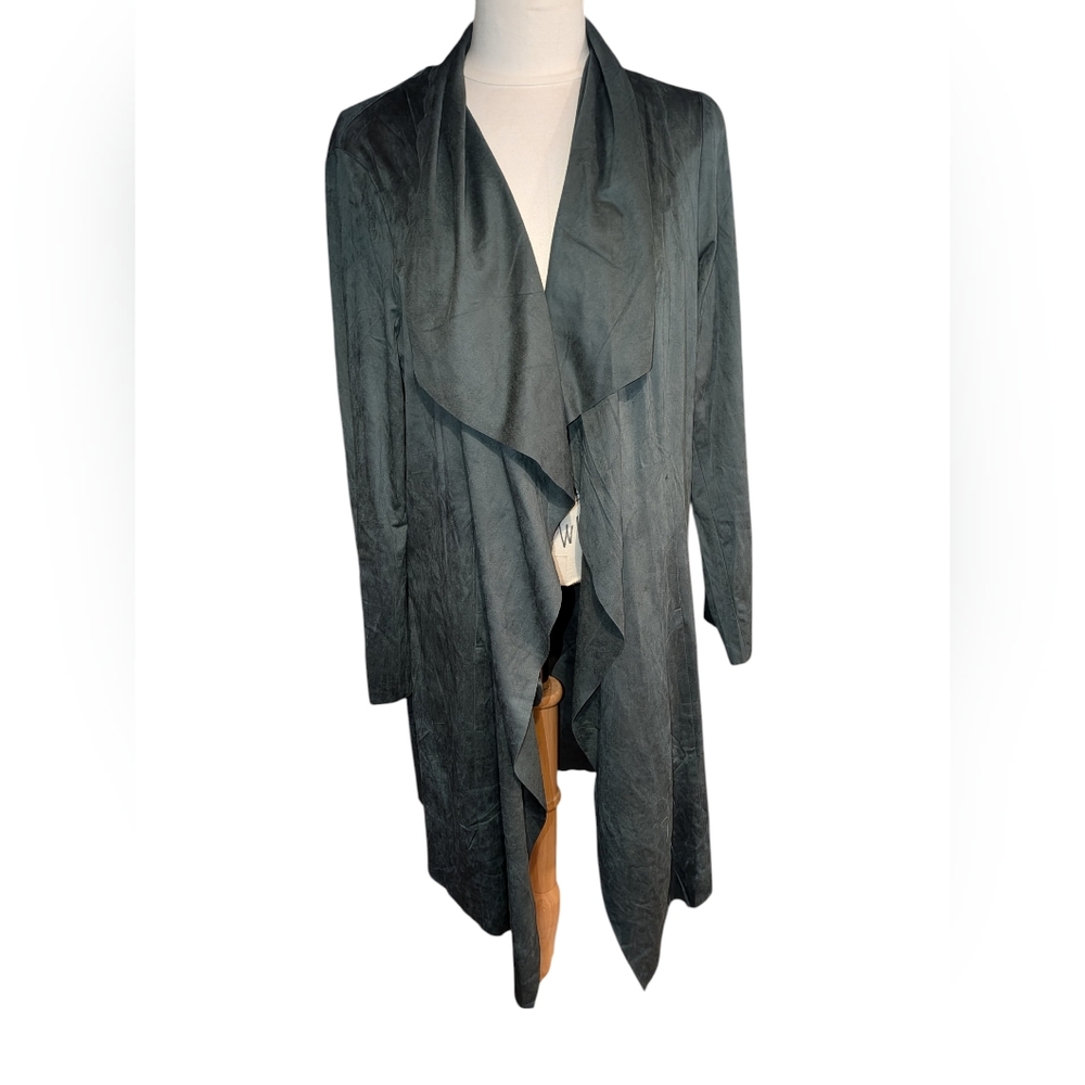 Passage Green Faux Suede Soft Long Blazer With Draped Front Size Large New